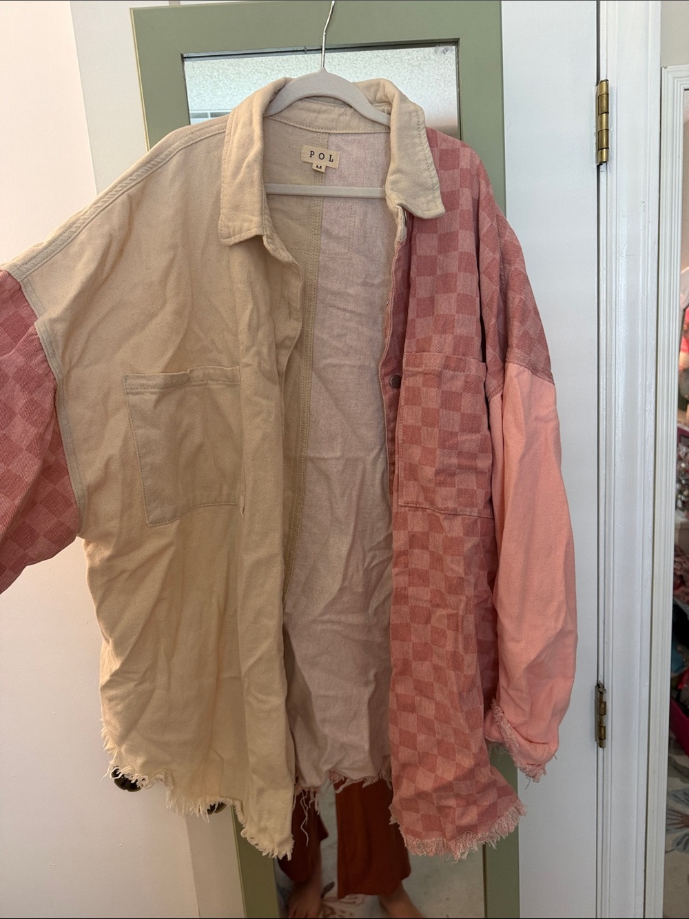 POL Patchwork Checkered Button-Front Overshirt in Beige and Dusty Pink